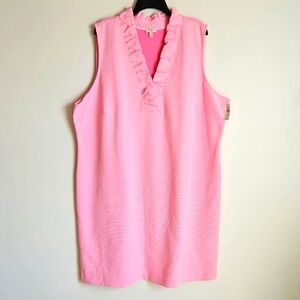Talbots NWT 24W Midi Shift Dress Ruffle Neck Slvls Pink Stripe Coastal Feminine